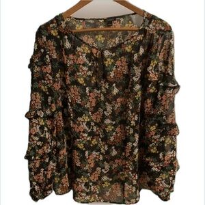 Ann Taylor Factory Boho Blouse. Black floral print. Fall colors. Size L.